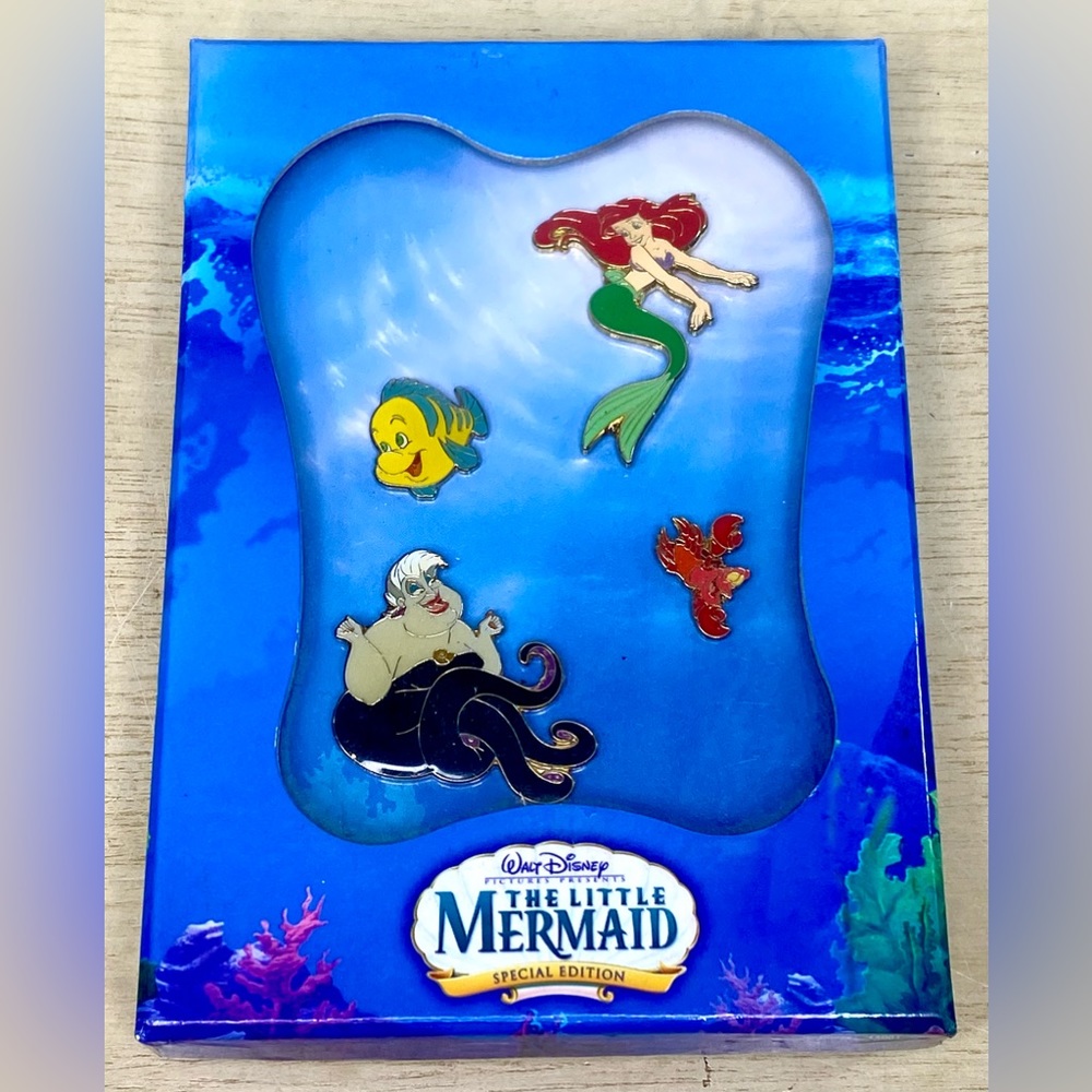 Disney Little Mermaid Trading Pins Box Set of 4 Ariel Flounder Ursula Sabastian